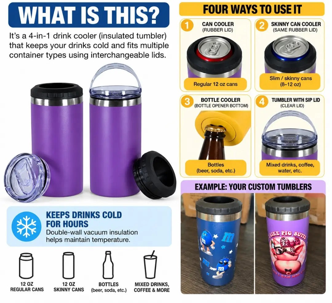 16oz 4 in 1 Powder Coated Can Cooler with Opener