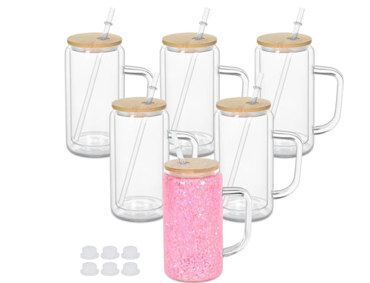 16oz Glass Snow Globe Tumbler with handle and bamboo lid