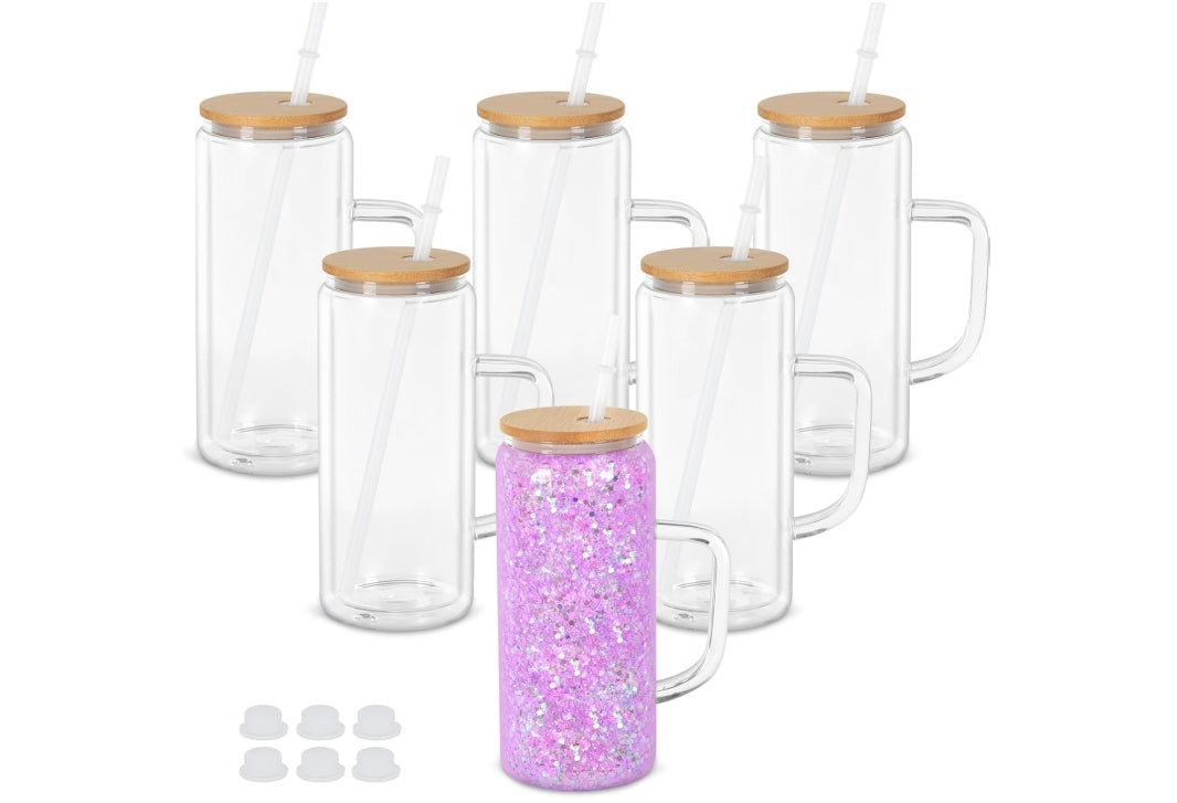 20oz Glass Snow Globe Tumbler with handle and bamboo lid