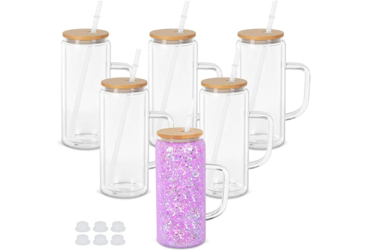 20oz Glass Snow Globe Tumbler with handle and bamboo lid